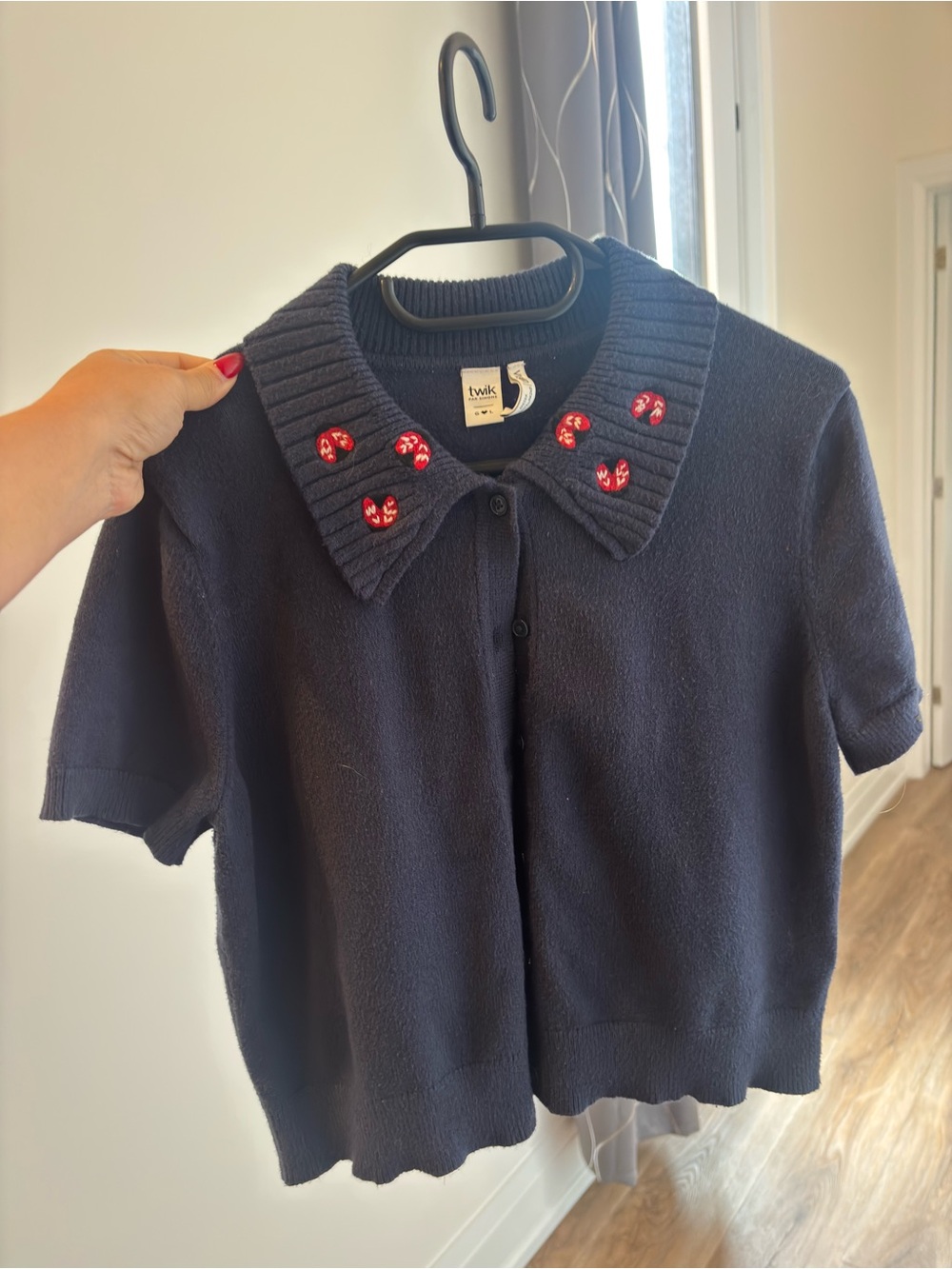 twik Navy Short-Sleeve Button Cardigan with Red Embroidered Accents